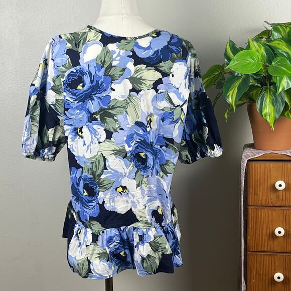 Ces Femme Loose fit Floral Top Black, Blue and White with Ruffled Hem XL - Picture 3 of 8